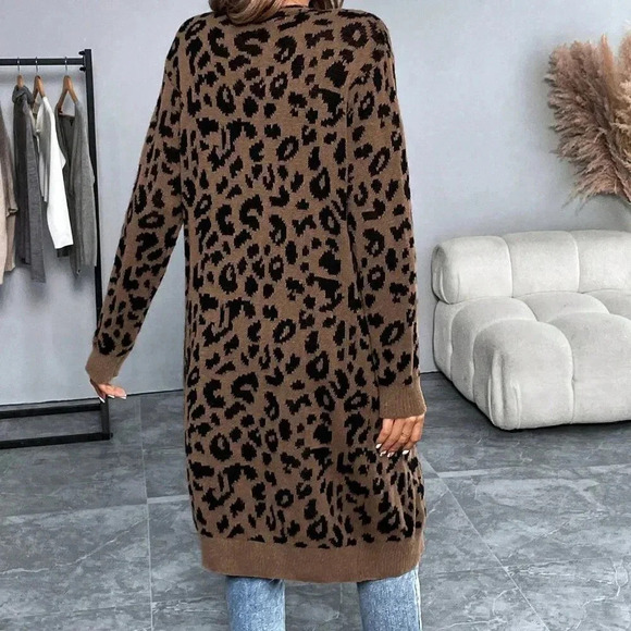 Brown Casual Women's Long Sleeve Leopard Print Long Cardigan Sweater - Picture 2 of 6